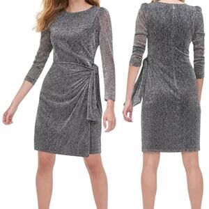Tommy Hilfiger Metallic Sheath Midi Dress Womens 12 Silver Evening Cocktail Glam